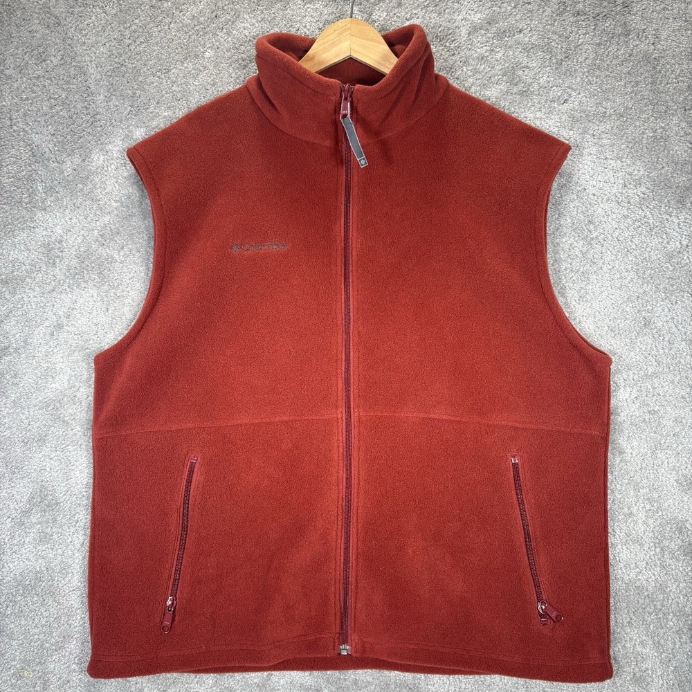 Columbia Cathedral Peak Fleece Vest Men L Full Zip Rust Red Zip Pockets Hiking
